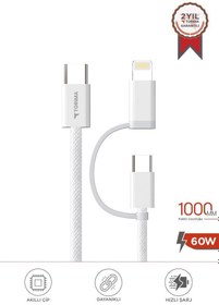 Resim Torima U16 Beyaz 2-in-1, Type-C To Type-C And Ligthning 100cm - 65w Hızlı Şarj Ve Data Kablosu 