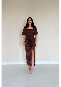 Resim Kahverengi Büzgülü Saten Elbise Kahverengi 