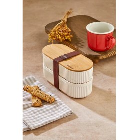 Resim 1000ML Ahşap Kapaklı Lunch Box 2'li Set Diyet Beslenme Kutusu Bambu Saklama Kabı 