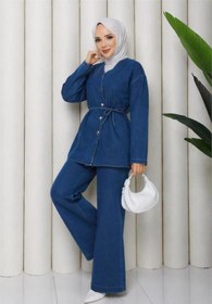 Resim Neşeli Butik kadın lacivert düğmeli kuşak detaylı ikili kot tesettür takım NBFT010 