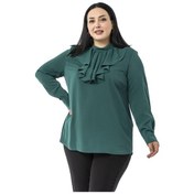 Resim Büyük Beden Yakası Tek Kat Volanlı Manşetli Zümrüt Yeşili Bluz Zümrüt 