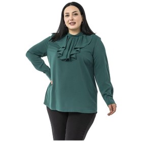 Resim Büyük Beden Yakası Tek Kat Volanlı Manşetli Zümrüt Yeşili Bluz Zümrüt 