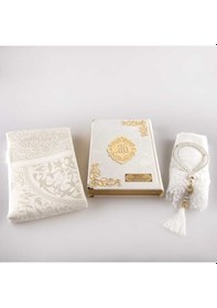 Resim Şal + Seccade +Tesbih +Kuran Hediye Set (Orta Boy, Kadife, Beyaz) 