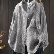 Resim Şık Kadın Plaid Düğmeli Gömlek Cebi ile - Bol Kesim, Uzun Kollu, Mavi ve Beyaz Gingham Desenli, Günlük Geziler için Mükemmel, Bayanlar Gömlekleri ve Bluzları 