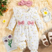 Resim Kızlar için Çiçek Desenli Uzun Kollu Pamuklu Tulum Kemerli, Yuvarlak Yaka Midi Tulum, Normal Beden, Esnek, Moda İki Parça Takım Bahar/Sonbahar için, Dış Mekan 
