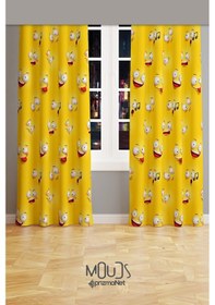 Resim Sarı Emoji Desenli Fon Perde Genç Odası Oturma Odası Süet Baskılı Ekstrafor Büzgü 2 Kanat Prd-2014 Çok Renkli 