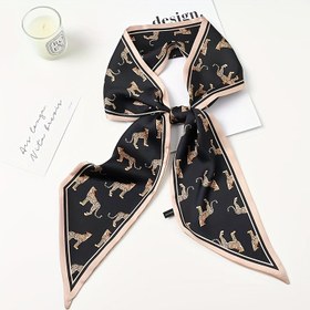 Resim Vintage Leopar Desenli Saten Şal, Çiçek Detayları ile - Zarif Uzun Kurdele, Siyah ve Altın, Hafta Sonu Rahat Giyim için Mükemmel, Kıyafetler için Dekoratif Aksesuar, Leopar Desenli Şal 