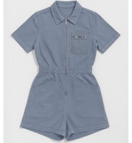 Resim Blue White Kadın Kısa Kollu Fermuarlı Beli Lastikli Jean Tulum Şort mavi 