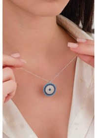 Resim Tmt Silver 20 Mm Gümüş Turkuaz ve Zirkon Taşlı Nazar Boncuğu Boncuklu Kolye 