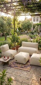 Resim Velvet Serisi Armut Bahçe Mobilyası, Balkon Takımı Su Geçirmez Kumaş 2+1+1 + Puf - Krem 