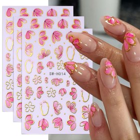 Resim 3 Sayfa 3D Pembe Çiçek Nail Art Sticker, Altın Kenar Çiçek Yaprakları, İlkbahar Çiçeği Aşk Günü Elegant Tasarım Manikür Malzemeleri, Dantel Plastik Nail Art Dekoru, Parlak Bitir, Tek Kullanımlık - SW-H014 