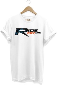 Resim ZOKAWEAR Unisex Bol Kalıp Beyaz Motorcu Ride Or Die Yazı Baskılı Kısa Kollu T-shirt 