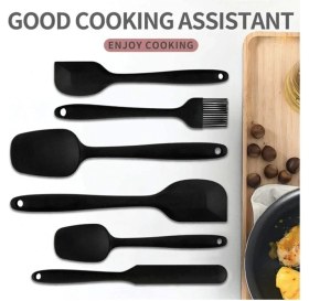 Resim 6'lı Mutfak Seti: Silikon Yumurta Fırçası, Kaşık, Bıçak, Spatula Siyah 