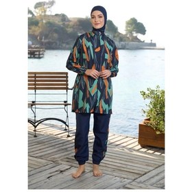 Resim Estiva 25963 Kadın Tam Kapalı Fermuarlı Geometrik Desenli Lacivert Tesettür Mayo Lacivert 