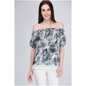 Resim Cotton Mood 8170006 Viskon Desenli Yaka Lastikli Eteği Güpürlü Bluz Lacıvert-beyaz 