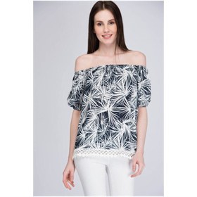 Resim Cotton Mood 8170006 Viskon Desenli Yaka Lastikli Eteği Güpürlü Bluz Lacıvert-beyaz 