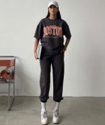Resim DUBU BUTİK Boston T-shirt Eşofman Altı Jogger - Füme Baskılı Alt Üst Eşofman Takımı Oversize Bisiklet Yaka 