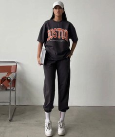 Resim DUBU BUTİK Boston T-shirt Eşofman Altı Jogger - Füme Baskılı Alt Üst Eşofman Takımı Oversize Bisiklet Yaka 