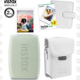 Resim Instax mini Link 3 Yeşil Akıllı Telefon Yazıcısı Beyaz Çanta Deri Albüm ve 20'li mini Film 