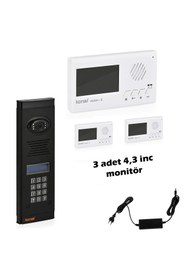 Resim konwi intercom Görüntülü Diafon Seti Konwi 3 Daire Apartman Tipi Set Vsions 4,3 Monitör Zil Paneli Şifreli Kameralı 