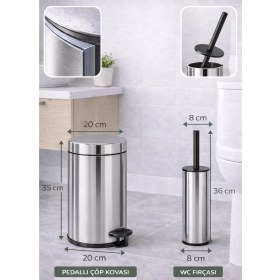 Resim Sas Haus Pedallı 8 Lt Paslanmaz Metal Çöp Kovası ve Tuvalet Fırçası, 2’li Banyo ve Wc Seti - Krom Titan 7108 