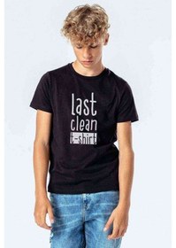 Resim Last Clean Baskılı Unisex Çocuk Siyah Tshirt 