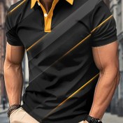Resim Erkekler için rahat 3D baskı polokromu, soyut geometrik desenli - Kısa kollu, yaz golf tişörtü, polyester kumaş, düzenli fit, sarı ve siyah çizgiler, rahat yaz giyimi | Rahat tarz | Polyester kumaş 