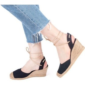 Resim Gerçek Elişi Bilekten Bağcıklı Topuğu Açık Dolgu Topuk Keten Hasır Kadın Espadril Handmade Siyah 