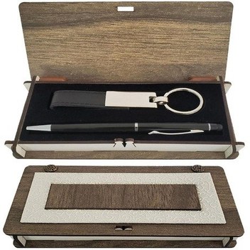 Ahşap Kutulu Siyah Anahtarlık Kalem Set Dekoratif Hediyelik