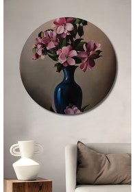 Resim Roze Çiçek Buketi Sulu Boya Görünümlü Dekoratif Ahşap Tablo Yuvarlak Duvar Tablosu--- 50 X 50 