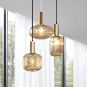 Resim Rsylight Retro Metal Eskitme kaplama Bal Opal Camlı 3 Lü Dekoratif Sarkıt Avize 