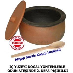 Resim 26CM Büyükboy El Yapımı Kapaklı Toprak Fırın Güveci Güveç 6-9 Kişilik Tahta Servis Kaşığı Hediyeli Toprak Tencere 