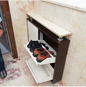 Resim Kaser Marka Metal Ayakkabılık 2+2 Yatay Raflı Kahve Krem Kahverengi 