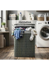 Resim Gri Dikdörtgen 2 Bölmeli 52x32cm Y:63cm Bambu Ahşap Kirli Çamaşır Sepeti Kumaş Çantalı İp Kulp 5468 Çok Renkli 