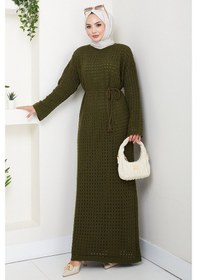Resim Bestenur Kemerli Dantel Detay Astarlı Triko Elbise 1602 - Haki Haki 