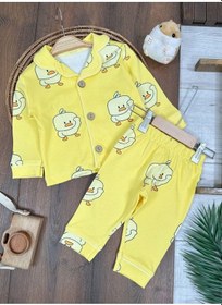 Resim Kruvaze Yaka %100 Pamuk Önden Düğmeli Mevsimlik Ünisex Bebek Ve Çocuk Pijama Takımı 4bb2 Sarı 