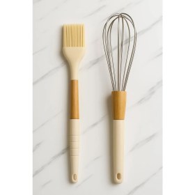 Resim 2'li Isıya Dayanıklı Yanmaz Yapışmaz Bambu Saplı Servislik Metal Çırpma Teli-Silikon Yumurta Fırçası 