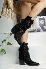 Resim Favi Ayakkabı Siyah Süet Körüklü Kemer Detaylı Delikli Yazlık Çizme 