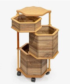 Resim Ahşap Altıgen Tekerlekli Kahve Sebzelik 3 Katlı Yana Açılır Patates Soğan Sarımsak Kahverengi 