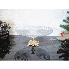 Resim Büyük Boy 31 Cm Yuvarlak Sunumluk & Servis Tabağı Döküm Kare Gold Ayak Beyaz 