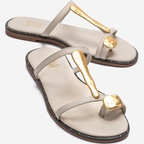 Resim Luvishoes Tessa Ekru Hakiki Deri Gold Tokalı Kadın Parmak Arası Terlik 