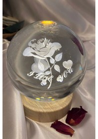 Resim 3d Led Işık Cam Küre Tek Renk Ahşap Gül I Love You Büyük Boy 10 Cm 