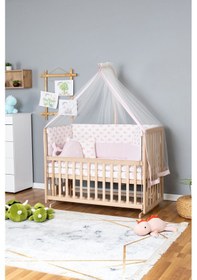 Resim Ahşap Beşik Anne Yanı Beşik Organik 60x120 - Pembe Balina Uyku Seti + Yataklı Ahşap 