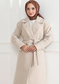 Resim DİĞER1111 Kadın Kaşe Kaban Uzun Boy Kruvaze Yaka Kuşaklı Tesettür Kaşe Kaban Astarlı Yünlü - Bej 