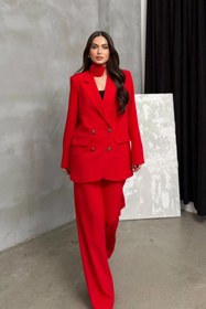 Resim buqre's moda Kadın İkili Blazer Ceket Pantolon Takım Aksesuar Gül ve Düğme Detaylı Bol Paça 