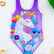 Resim Sevimli Unicorn Pileli Dantel Kızlar Moda Mayo Yaz Plaj Tek Parça Kızlar Mayo 4-8 Yaş 
