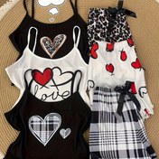 Resim Genç Kızlar İçin Moda Rastgele Gönderilen Kalp Baskılı 1 Parça Atlet ve Şort Pijama Takımı, Gençler için 