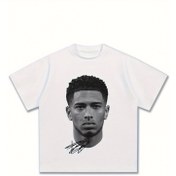 Resim Erkekler için Amerikan Marka Bellingham Grafikli Futbol Tişörtü - Vintage Kısa Kollu, Yuvarlak Yaka Geometrik Portre Baskılı, Siyah & Beyaz Günlük Yazlık T-Shirt, Normal Kalıp, Makinede Yıkanabilir 