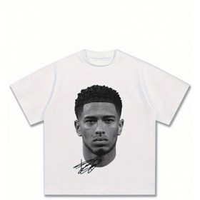 Resim Erkekler için Amerikan Marka Bellingham Grafikli Futbol Tişörtü - Vintage Kısa Kollu, Yuvarlak Yaka Geometrik Portre Baskılı, Siyah & Beyaz Günlük Yazlık T-Shirt, Normal Kalıp, Makinede Yıkanabilir 