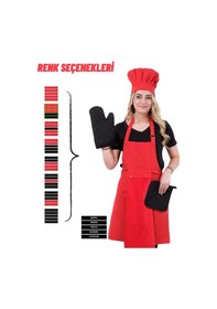 Resim Star Ayar Askılı 5li Mutfak Önlüğü Seti Ayar Askılı Havlulu Önlük, Şapka, Eldiven, Tutacak Kırmızı-kırmızı-siyah 